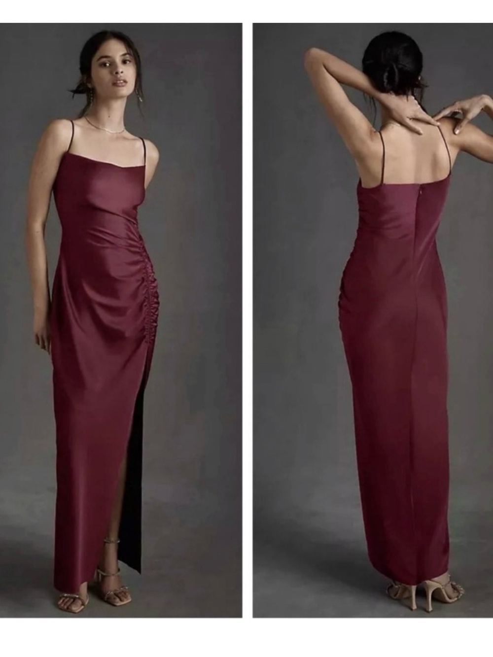 BHLDN Jennings Ruched Side Slit Satin Charmeuse Dress NEW Size 12 Dark Berry